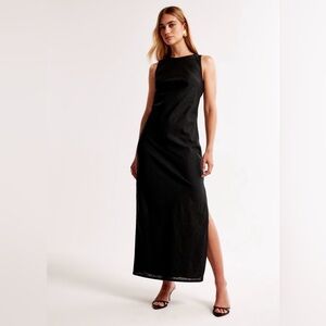NWOT Abercrombie &‎ Fitch High-Neck Linen-Blend Maxi Dress in Black Size MP